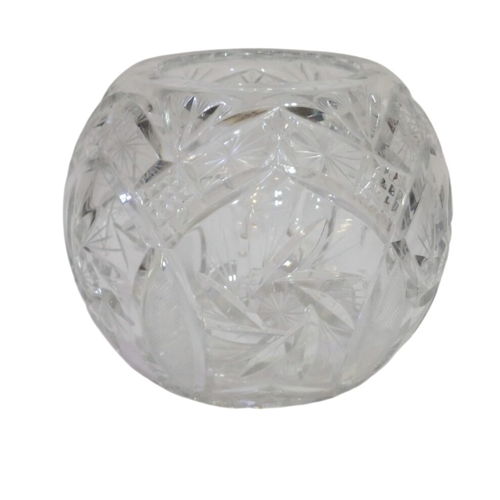 Brilliant Cut Crystal Rose Bowl Pinwheel Star Pattern Round Glass Vase Clear